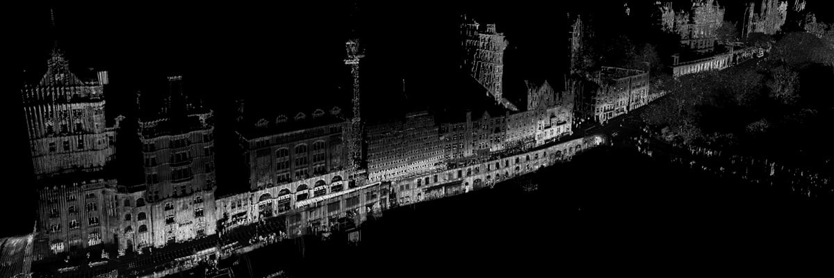 Black and white detailed point cloud of Edinburgh city centre processed using LidarViewer.