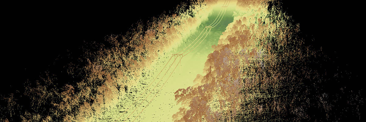 Pale yellow and green pointcloud of continuous powerline cutting through trees, for inspection purposes.