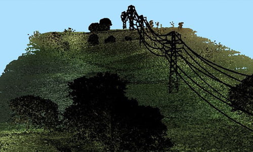 Olive green, black and light blue point cloud of continuous transmission line and trees for powerline inspection purposes.
