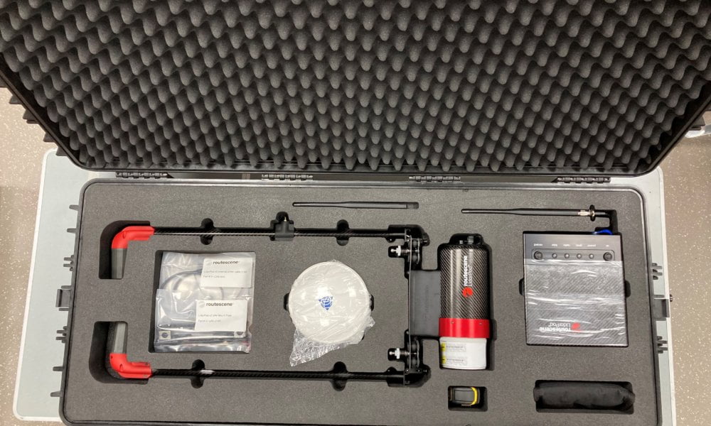 Image of Routescene UAV LiDAR System hardware including LidarPod and integrated hinged, foldaway GNSS antenna poles