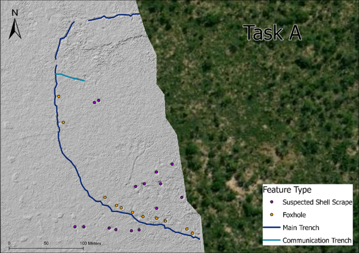 DTM showing the predominant battlefield feature types at Site A. Sources: Esri, DigitalGlobe, GeoEye, i-cubed, USDA FSA, USGS, AEX, Getmapping, Aerogrid, IGN, IGP, swisstopo, and the GIS User Community.