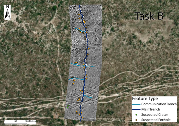 DTM showing the predominant battlefield feature types at Site B. Sources: Esri, DigitalGlobe, GeoEye, i-cubed, USDA FSA, USGS, AEX, Getmapping, Aerogrid, IGN, IGP, swisstopo, and the GIS User Community.