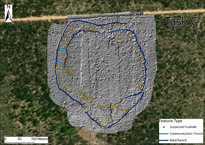 UAV LiDAR data overlaid on satellite imagery at Site C in Angola showing battlefield features.