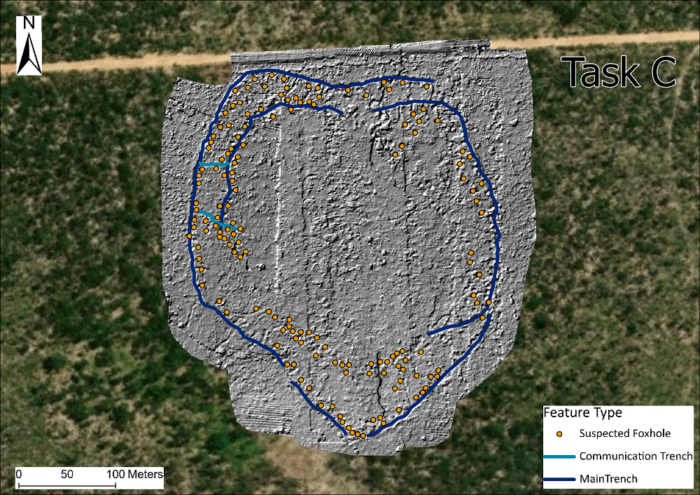 DTM showing the predominant battlefield feature types at Site C. Sources: Esri, DigitalGlobe, GeoEye, i-cubed, USDA FSA, USGS, AEX, Getmapping, Aerogrid, IGN, IGP, swisstopo, and the GIS User Community.