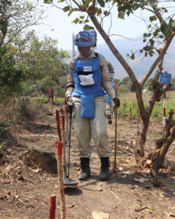 Image of a land mine clearance worker clearing land in Angola.
